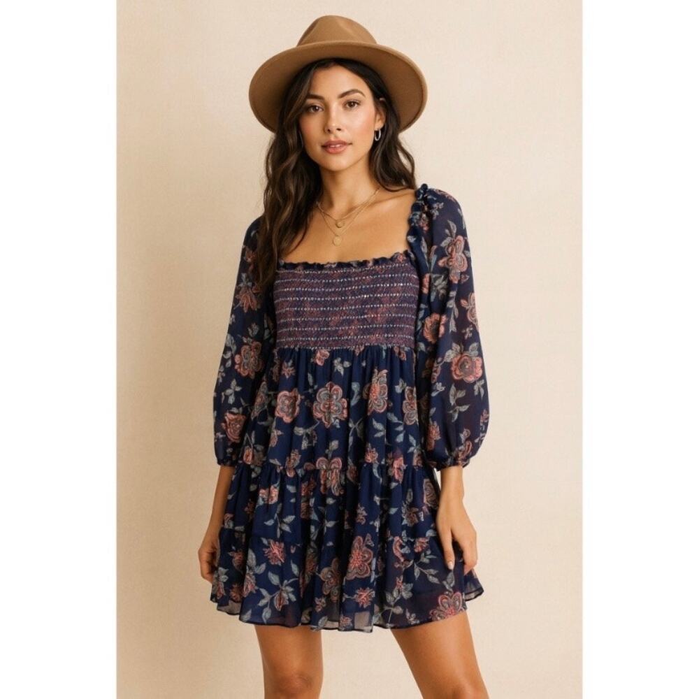 Sachin + Babi Lola Floral Boho Navy Blue Smocked Mini Dress Size XS